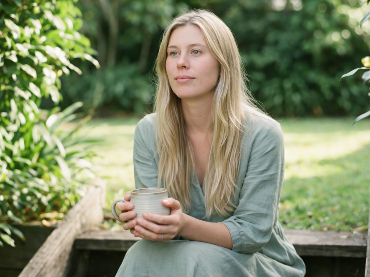 Daniella, author of The Asherman's Compass, sitting in her Byron hinterland garden